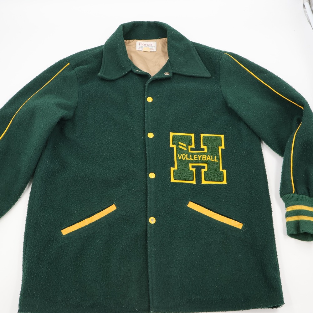 Rich-Knit Letterman Jacket Mens 36 Green Vintage Volleyball Wool Varsity Texas‎